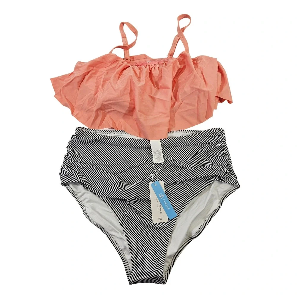 Cupshe Womens 0X Peach‎ Ruffle Flounce Top Striped High Waist Bikini Set Momkini